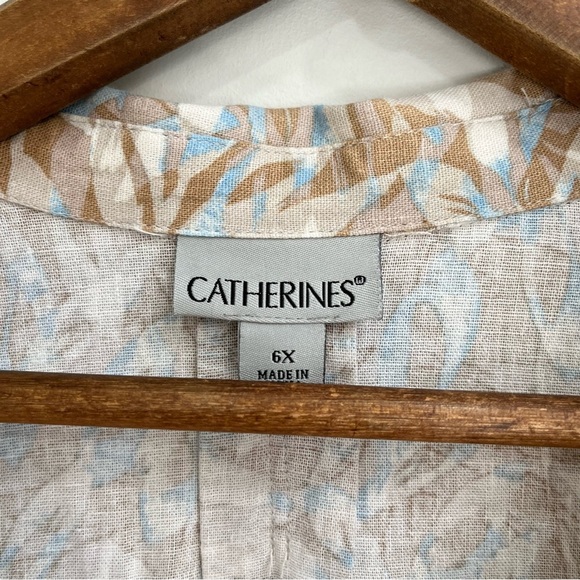 Catherine’s linen button front top 3/4 length sleeves tan blue leaf print 6X - Picture 10 of 11
